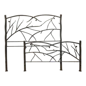 Vintage Evergreen Cones Black Iron Tree Branch Queen Bed Frame Headboard & Footboard