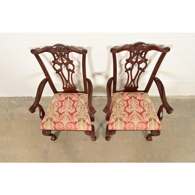 Late 20th Century Ethan Allen Chippendale Carved Mahogany Armchairs or Dining Captain Chairs, Pair For Sale - Image 5 of 14