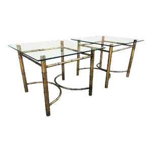Asian Modern Steel & Glass End Tables in Faux Bamboo - a Pair