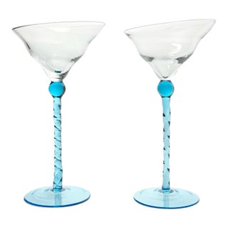 Vintage Aqua Azure Blue Twisted Stem Slanted Wavy Bowl Martini Glasses - a Pair For Sale