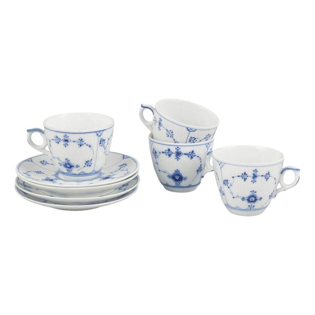 Blue Fluted Plain Coffee Cups and Saucers from Royal Copenhagen, Set of 8 For Sale