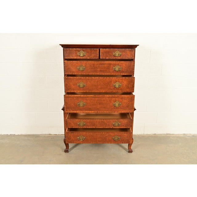 1960s Baker Furniture Georgian Carved Walnut and Burl Wood Seven-Drawer Highboy Dresser, Circa 1960s For Sale - Image 5 of 15