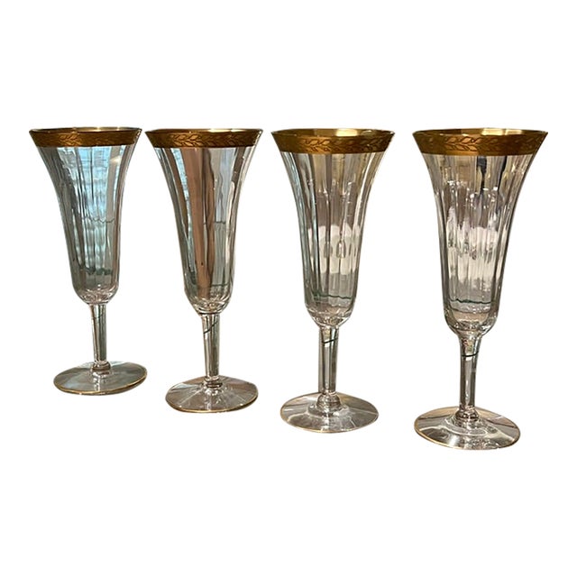 Mid 20th Century Champagne/Wine Glasses With Decorative Gold Band - Four Fluted For Sale