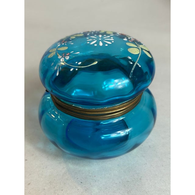 Moser Glassworks Antique Victorian Attributed to Moser Vanity Powder Jar Painted Blue Bohemian Glass Brass Hinge For Sale - Image 4 of 12