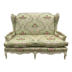 Mid 20th Century Louis XV Wing Settee With Clean Exquisite Upholstery Celery Green, Pink, Yellow