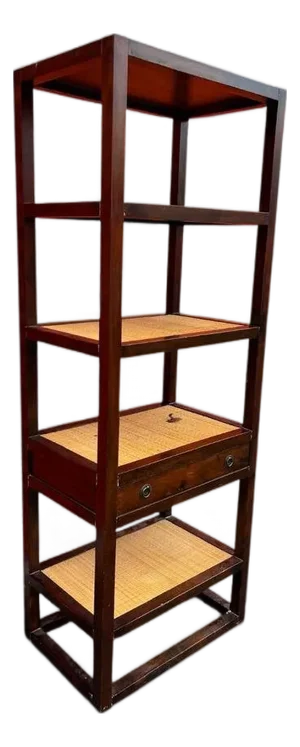 Vintage Dark Wood & Cane Open Shelving With Drawer