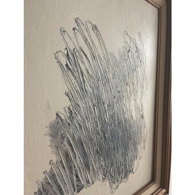 Contemporary abstract acrylic on canvas panel Measures: 16” W x 20” H Colors: unbleached titanium and blues Does not...