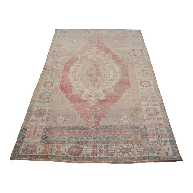 Distressed Turkish Rug Hand Knotted Vintage Low Pile Muted Color Anatolian Area Rug - 3′9″ × 6′8″ For Sale