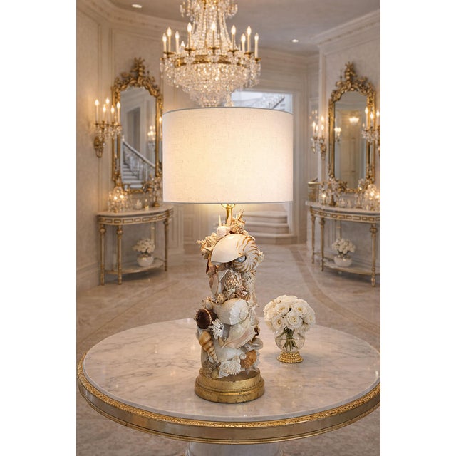 Offering an extra-large vintage seashell table lamp with distressed gold leafed base and seashell finial, circa 1950s....