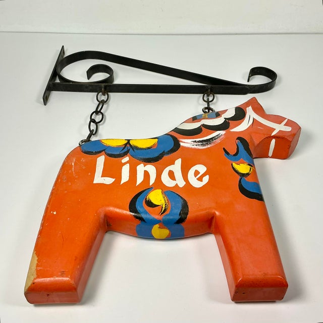 1970s Vintage Boho Chic Gustavian Swedish Dala Horse House Sign & Iron Bracket For Sale - Image 12 of 15