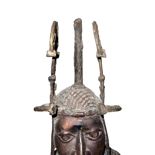 African Early 20th Century Benin Bronze Oba Head Sculpture Nigeria For Sale - Image 3 of 7
