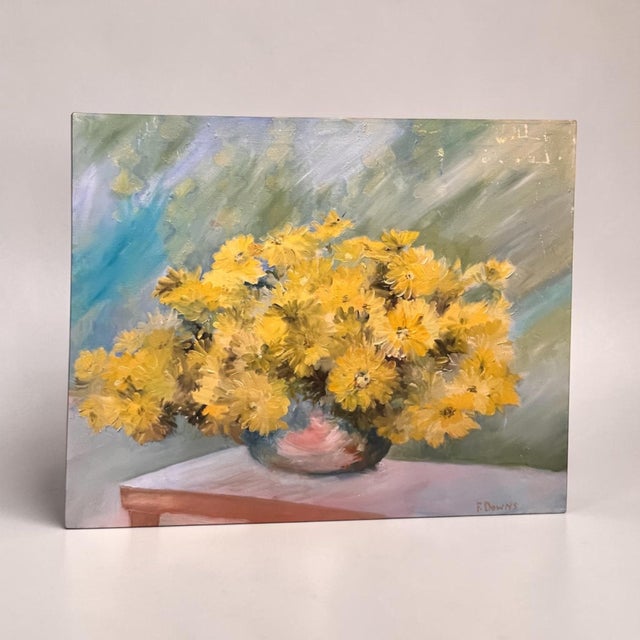 Coastal 1980s Francis “Duke” Downs Palm Beach Yellow Chrysanthemum Floral Still Life Original Oil on Canvas, 30” For Sale - Image 3 of 9