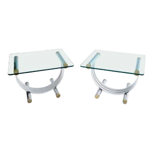 Pair of Chrome & Brass U Shape Bases Glass Top End Side Occasional Tables
