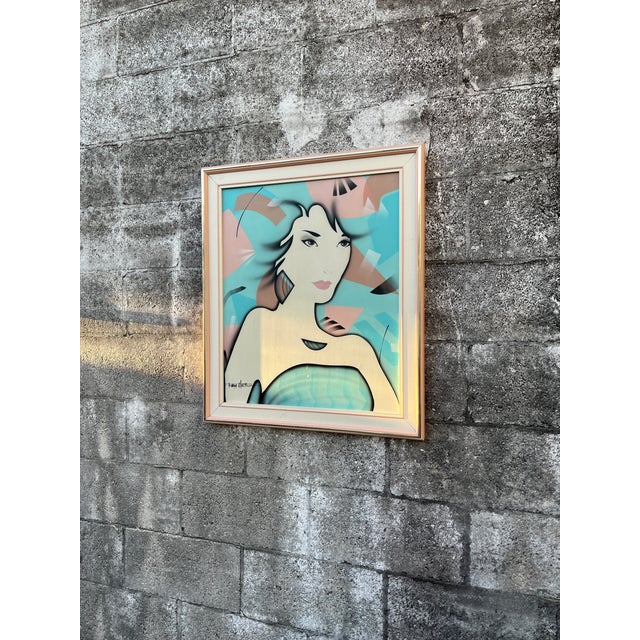 Wood Post Modern Oil Painting in the Patrick Nagel Style, Framed and Signed by the Artist. Circa 1980s. For Sale - Image 7 of 15
