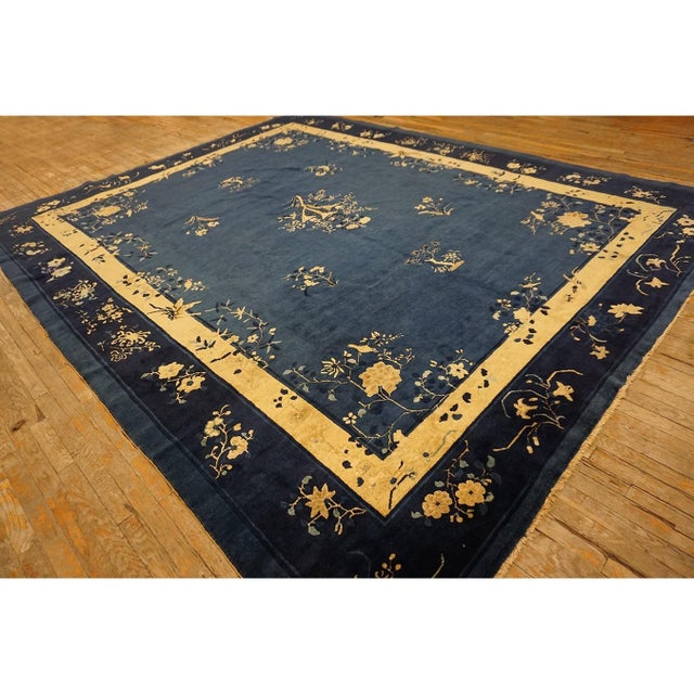 1920s Blue Floral Art Deco Influences Antique Chinese Peking Room Size Rug For Sale - Image 9 of 10