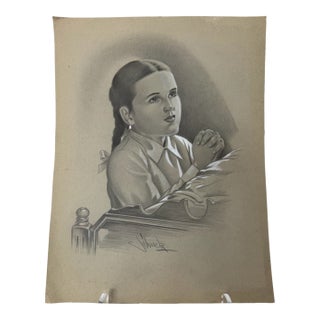1940s Original Signed Graphite Illustration of Praying Girl at Bedside, 13 × 10 In. For Sale