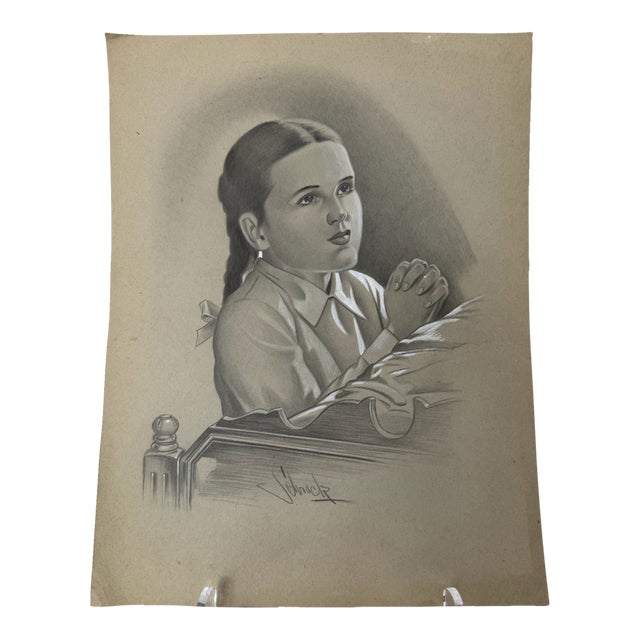 1940s Original Signed Graphite Illustration of Praying Girl at Bedside, 13 × 10 In. For Sale