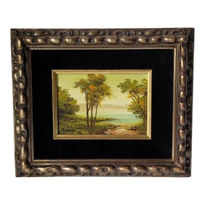 Vintage Trees and Water Landscape Oil Painting in Gold Frame