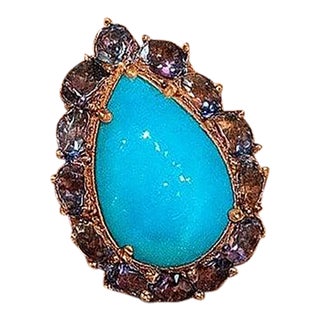 Bochic "Capri" Vintage Turquoise & Tanzanite Ring Set In 18K White Gold & Silver For Sale