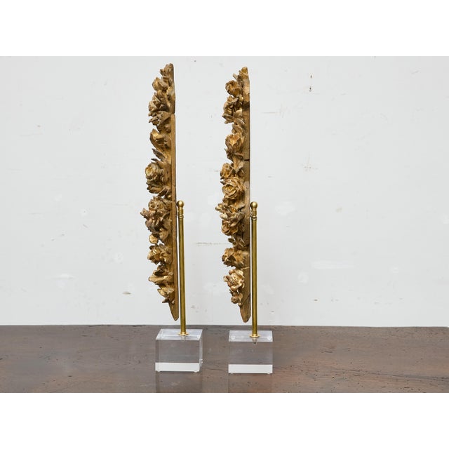 Mid 19th Century Pair of 19th Century Rococo Revival Giltwood Floral Carvings on Lucite Bases For Sale - Image 5 of 8