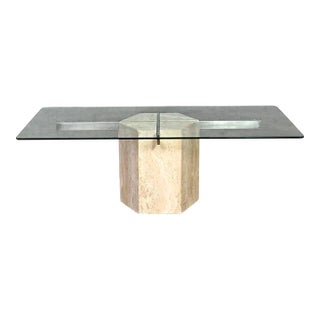 Late 20th Century Modern to Postmodern Italian Coffee Table Travertine Hexagon Base Rectangular Glass Top Style of Artedi For Sale