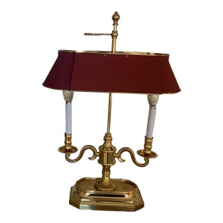 1970s Frederick Cooper Style Brass Bouillotte Lamp & Barn Red Tole Shade For Sale