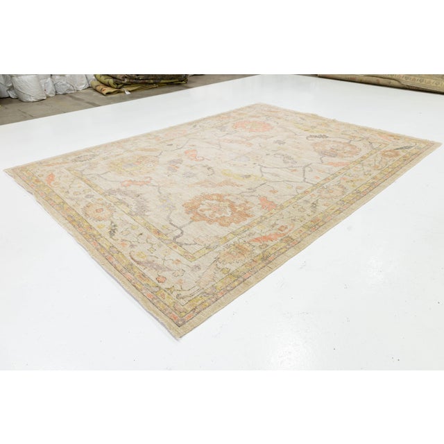 Modern Oushak Style Hand-Knotted Wool Rug - Pastel Floral Transitional Area Rug For Sale - Image 4 of 11