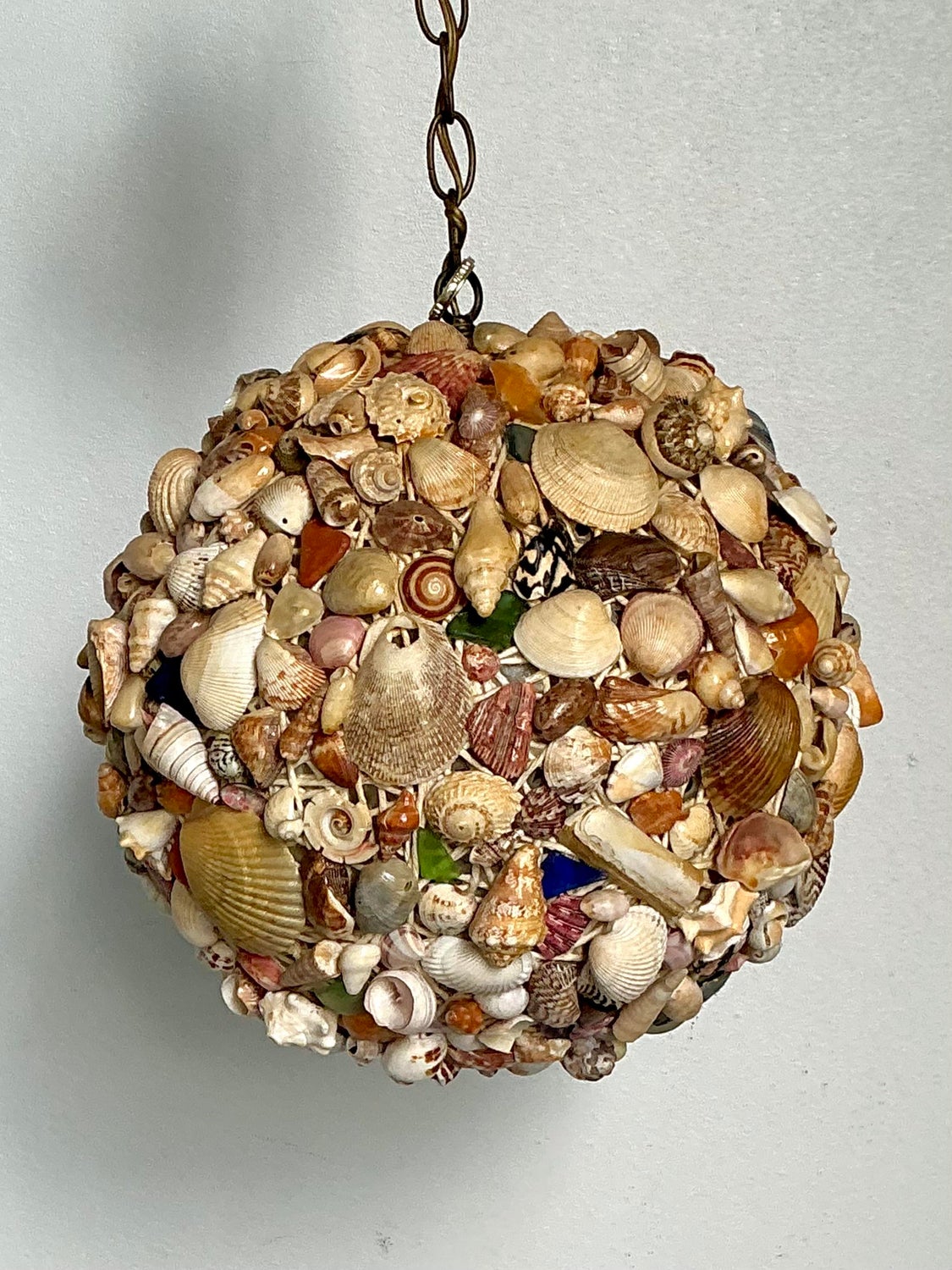 Vintage Shell Encrusted Sphere Hanging Light - Side view