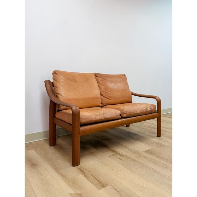 MCM Danish Modern Cognac Color Two Seat Couch Curved Bench Sculptural Seating For Sale - Image 14 of 14