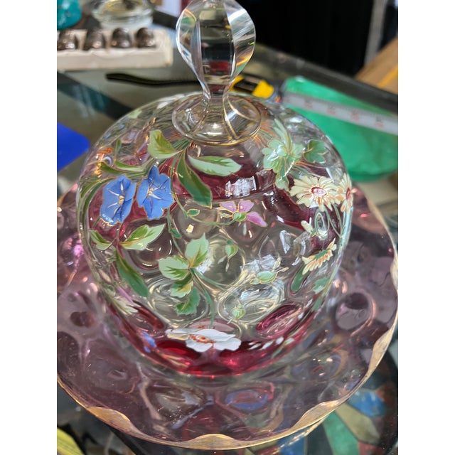1970s Beautiful Pink Glass Cake Cover and Plate With Floral Accents For Sale In Atlanta - Image 6 of 9