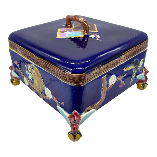 J. Holdcroft Majolica Japonisme Cobalt Box & Cover, Signed, English Ca. 1880 For Sale