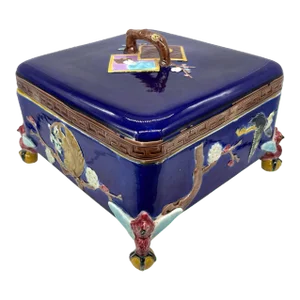 J. Holdcroft Majolica Japonisme Cobalt Box & Cover, Signed, English Ca. 1880