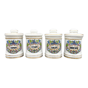 Vintage Porcelain Apothecary Jars – Set of 4 – Aspirin / Vitamin / Gauze / Adhesive – Rococo Revival / Hollywood Regency / Eclectic Curiosities