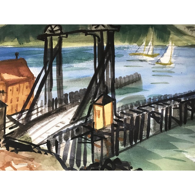 Vintage Watercolor of Tiburon-San Francisco Ferry Dock Mid Century Art For Sale - Image 4 of 5