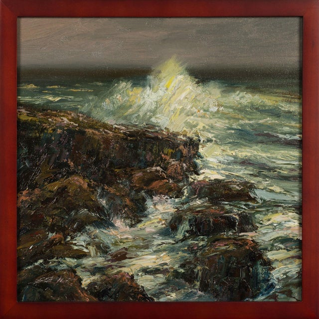 This oil on canvas artwork depicts the rugged coastline of Cascais, where tumultuous waves crash against dark, jagged...