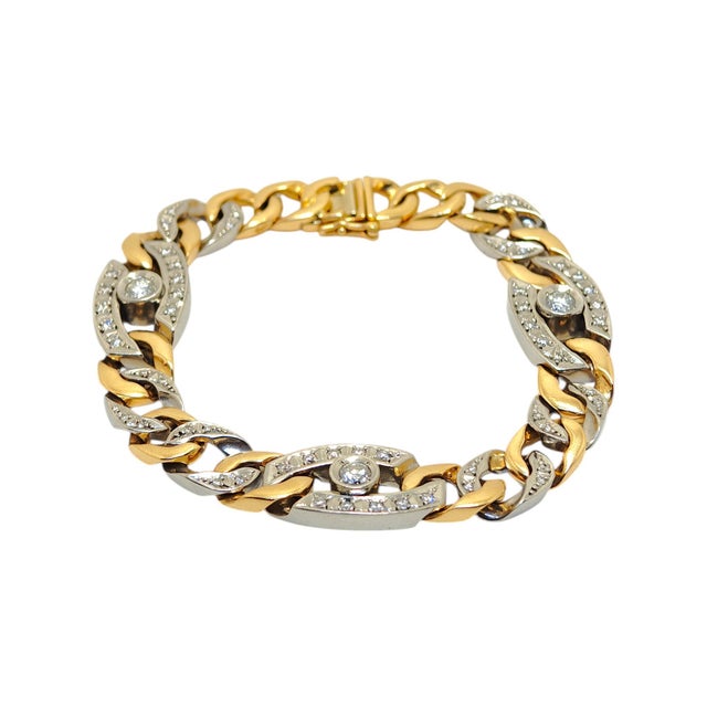 Contemporary Late 20th Century Large 18k Yellow Gold & Platinum Curb Link Diamond Bracelet For Sale - Image 3 of 9