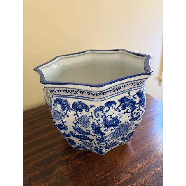 Chinoiserie Chinoiserie Large Blue and White Porcelain Planter For Sale - Image 3 of 6
