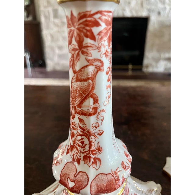 Ceramic 1981 Royal Crown Derby "Red Aves" Fine Bone China Candlesticks - A Pair For Sale - Image 7 of 18