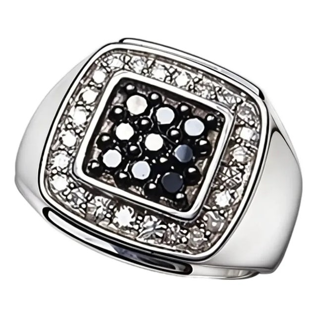 Late 20th Century Sterling 925 Silver Black White Diamond Men's Band Ring, Size 10.5 For Sale