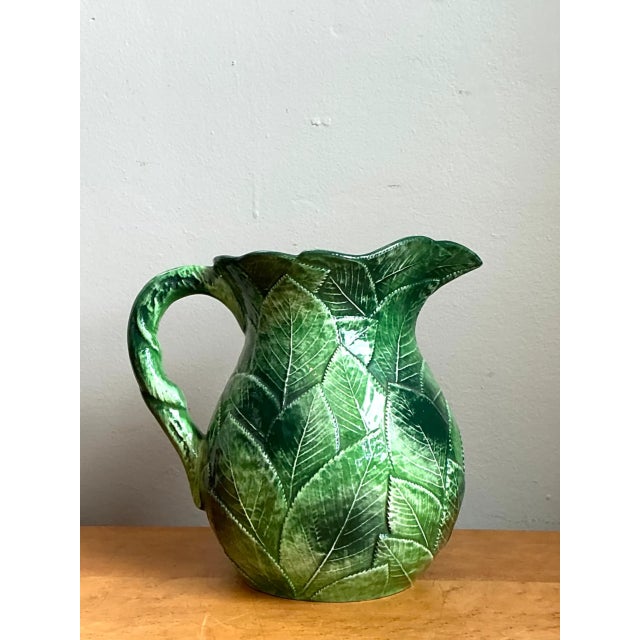 Vintage Green Leaf Motif Ceramic Pitcher For Sale - Image 10 of 13