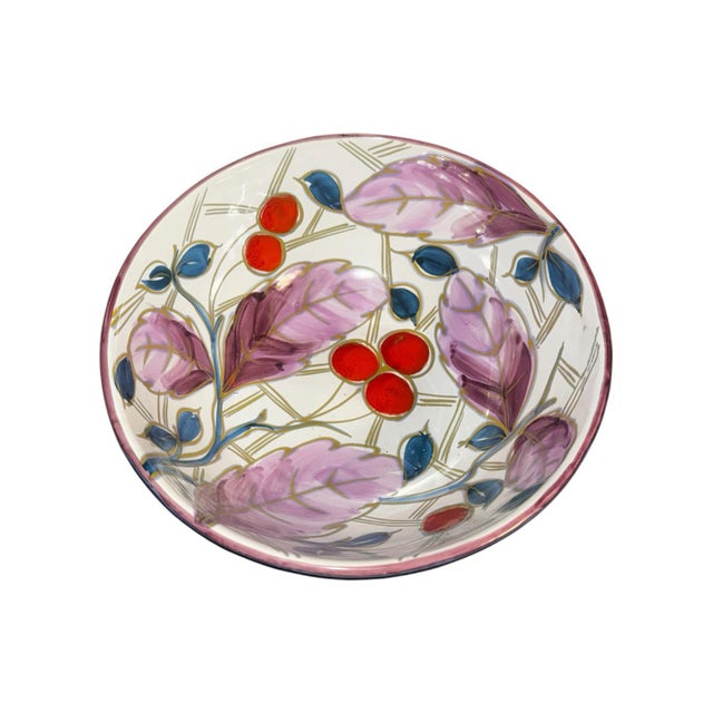 Mid-Century Modern 1966 Aldo Londi for Bitossi Hand-Painted Turquoise Bowl With Red & Violet Berry Motif For Sale - Image 3 of 10