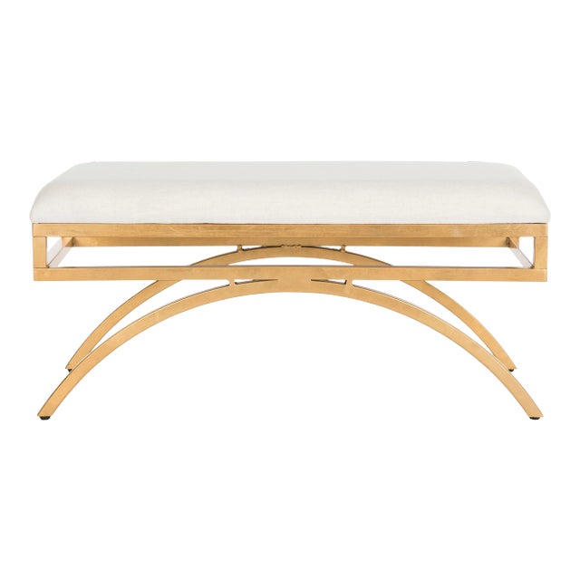 Arc Linen Bench in Light Beige & Gold For Sale
