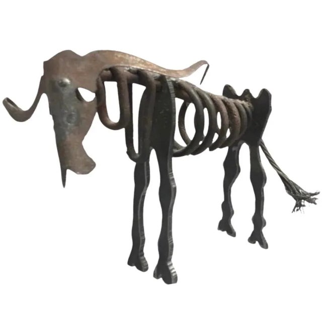 Metal Vintage Mid Century Torch Cut Brutalist Picasso Insp Abstract Art Wall Street Steel Bull Sculpture For Sale - Image 7 of 9