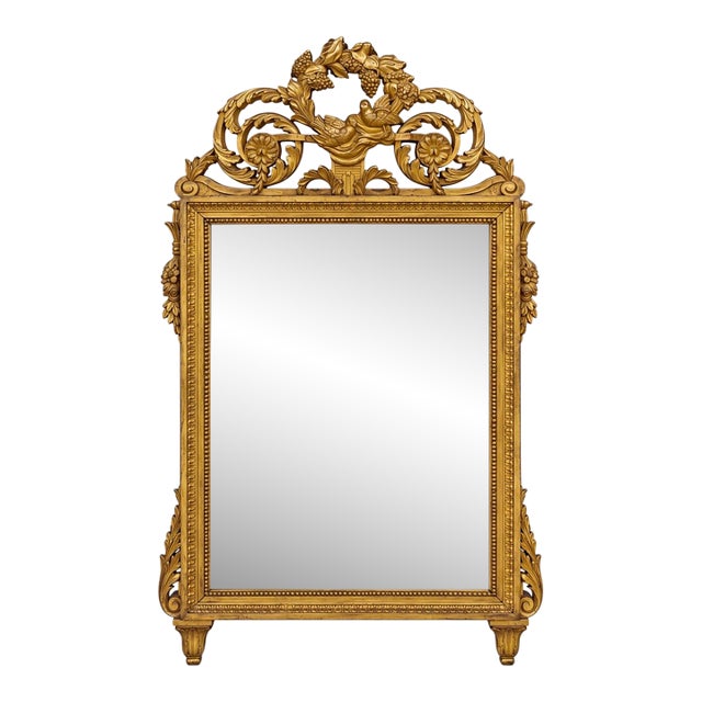 Late 19th-C. French Louis XIV Style Carved Giltwood Mirror With Birds For Sale
