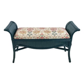 Mid-Century Boho Chic Coastal Bamboo Bench - Newly Upholstered in Ikat Linen For Sale