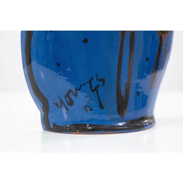 Blue Kathryn Youngs Flat Pitcher Ceramic Vase 1990 Signed Hand Painted Art Pottery For Sale - Image 8 of 9