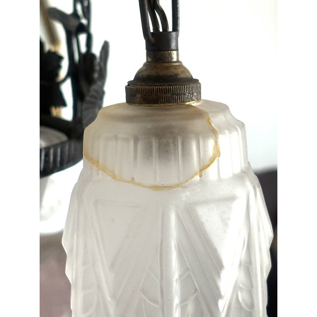 Antique French Art Nouveau Wrought Iron and Glass 4-Light Chandelier, 1930s For Sale - Image 12 of 14