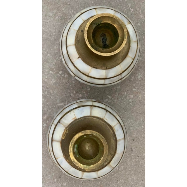 Metal 1970’s Vintage Indian Tessellated Mother of Pearl, Shell Candlestick Holders With Brass Trim- A Pair For Sale - Image 7 of 12