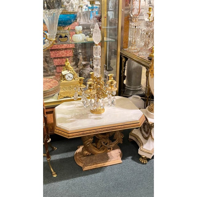 Mid 20th Century Roccoco Style Carved Giltwood Pedestal Side Tables with White Marble Tops - A Pair For Sale - Image 5 of 12