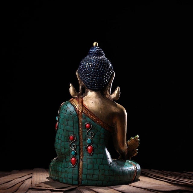 Mid-Century Modern Late 20th Century Tibetan Style Gilt Bronze Medicine Buddha Statue With Turquoise Inlay For Sale - Image 3 of 9